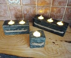 Handmade Reclaimed Wood Tealight Holders, Hard Wax Oil Set (+ 6 LED Lights)