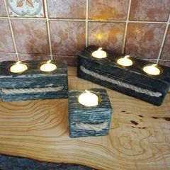 Handmade Reclaimed Wood Tealight Holders, Hard Wax Oil Set (+ 6 LED Lights)
