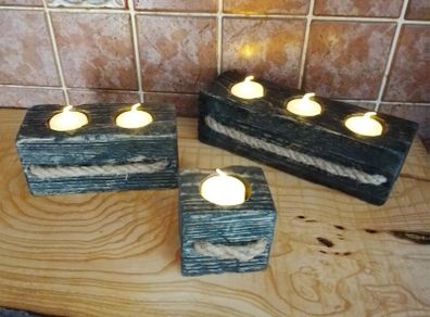 Handmade Reclaimed Wood Tealight Holders, Hard Wax Oil Set (+ 6 LED Lights)