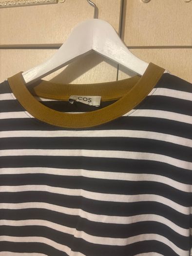 COS Navy and Cream Stripe Long Sleeve Top with Green/brown Trim - Size L