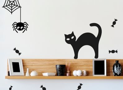 Black Cat, Sweets and Spider Wall Sticker for Halloween, Wall Decals for Halloween