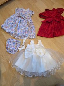 Baby Girls 3 Dress Occasion Bundle; JoJo Maman Bebe, Next Velvet & White Christening Dress