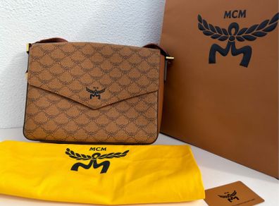 MCM Monogram messenger bag with natural nappa leather trim