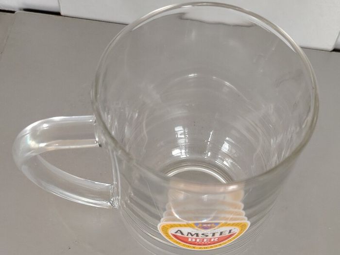 Vintage Amstel Bier Pint Tankard Glass 20oz - ARC France 1980s Flat Top D-Handle (23cm)