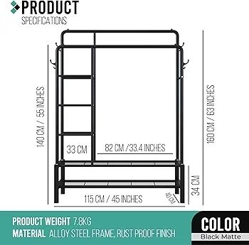 Heavy Duty Clothes Rail, 120KG Black Metal Rack With Double Hanging Clothing Rail, Shoe Rack, Storage Shelves & 4 Coat Hooks, Wardrobe Clothes Rails For Bedroom Office Shop