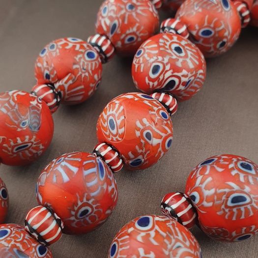 Antique Venetian Style Millefiori & Chevron Glass Beads Strands Necklace