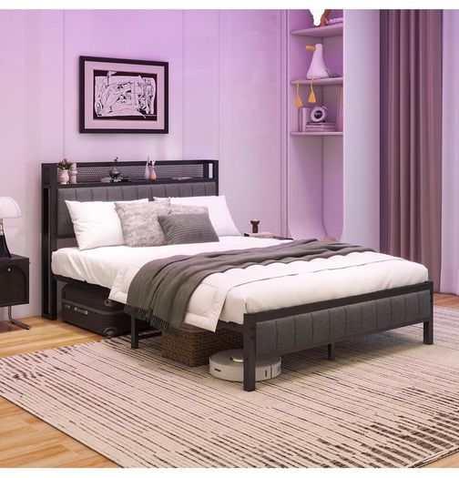 4ft6 Double Bed Frame With Storage Headboard, Dark Grey Upholstered Platform Bed Frame,Mattress Foundation,Metal Slat Support,No Box Spring Needed