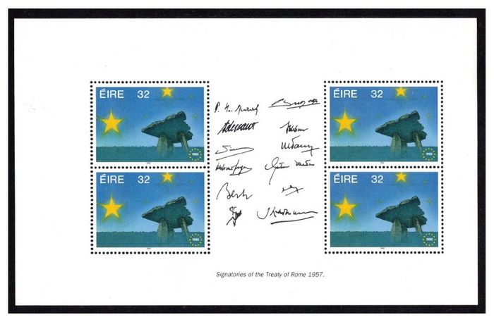 1992 Ireland Single European Market Commemorative Stamp Booklet Pane Mint Never Hinged (MNH). Pane shows photo of 12 Signatories of the Treaty of Rome 1957 Hibernian HP55