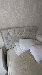 King size double bed frame with grey fabric headboard