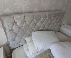King size double bed frame with grey fabric headboard