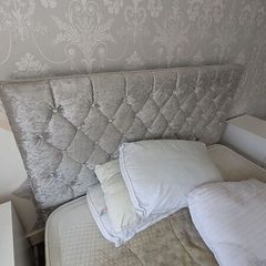 King size double bed frame with grey fabric headboard