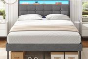 King Size Bed Frame 150x200 with Storage Upholstered Bed Frame with LED Lights &amp; Charging Station Upholstered Storage Headboard/Under Bed Storage Noise Free