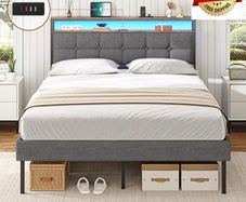 King Size Bed Frame 150x200 with Storage Upholstered Bed Frame with LED Lights & Charging Station Upholstered Storage Headboard/Under Bed Storage Noise Free