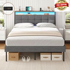 King Size Bed Frame 150x200 with Storage Upholstered Bed Frame with LED Lights & Charging Station Upholstered Storage Headboard/Under Bed Storage Noise Free