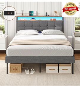 King Size Bed Frame 150x200 with Storage Upholstered Bed Frame with LED Lights & Charging Station Upholstered Storage Headboard/Under Bed Storage Noise Free
