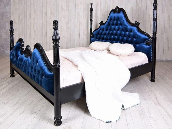 FOUR-POSTER BED CHATEAU MONTESPAN Column Bed 180 x 200 cm Double Bed Velvet Solid Mahogany Bed Frame
