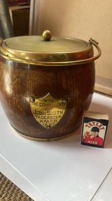 Rare Oak and brass biscuit barrel,1887