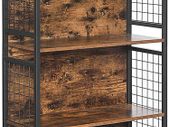 _Bookcase, office shelf, kitchen shelf, with 4 shelves, 4 S-hooks included, office, living room, home office, stable steel frame, industrial design, vintage brown-black