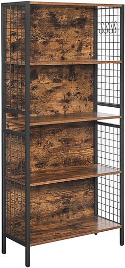 Bookcase, office shelf, kitchen shelf, with 4 shelves, 4 S-hooks included, office, living room, home office, stable steel frame, industrial design, vintage brown-black