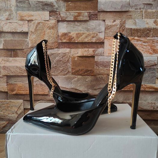 Black shiny leather stilettos with gold ankle chains, size 39