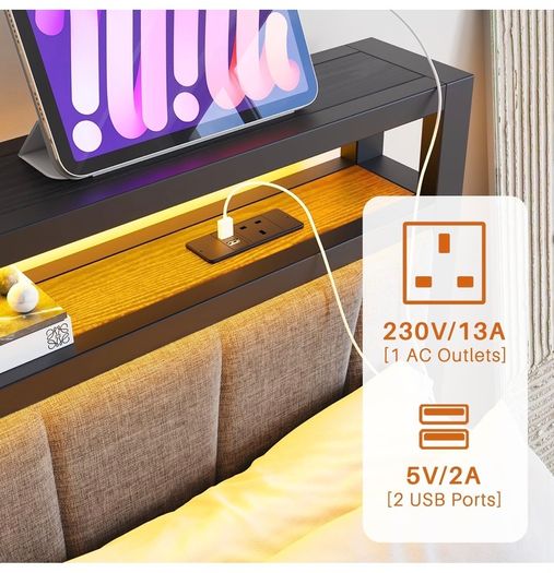 Double Bed Frame with Storage and LED Lights,4ft6 Metal Platform Bed Frame Double Size Bed Base with Charging Station,Mattress Base,Strong Slats Support,Under-bed Storage,Noise Free,Grey