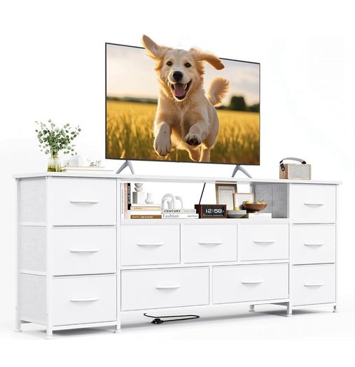 Tv Cabinet, Dresser for Bedroom with 11 Fabric Drawers, TV Stand with Power Socket for TVs up to 70 inch TV Units for Living Room, Bedroom, White