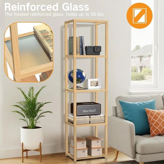 67" Glass Display Shelf with Dimmable LED Floor Lamp, Collectibles Display Cabinet with Remote & App Control, 5 Tier Open Bookshelf Lamp for Living Room, Bedroom, Office, Home Decor, Wood