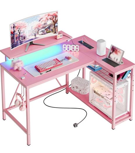 106.5CM L-Shaped Desk with Power Outlets & LED Lights