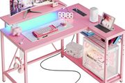 106.5CM L-Shaped Desk with Power Outlets &amp; LED Lights