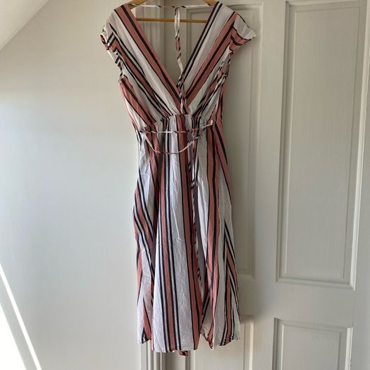 River Island Striped Ruffle Faux-Wrap Midi Dress Pink White Cotton Blend
