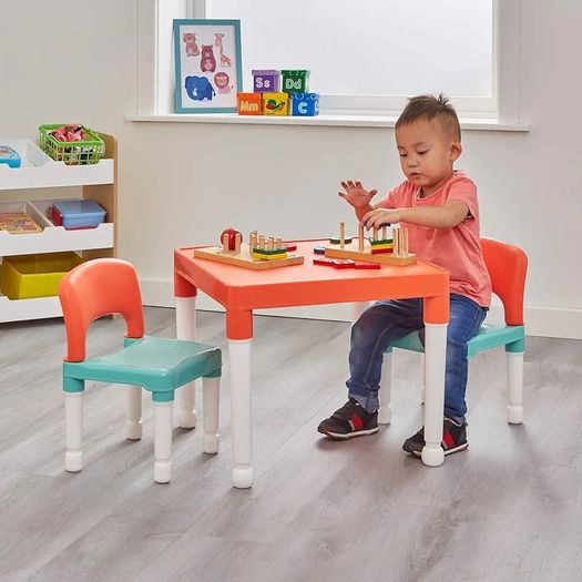 Childrens Table and Two Chair Set, Green Orange White, Table-51cm H x 51cm W x 43cm D 27cm x 31cm x 44cm, Seat Height 26cm