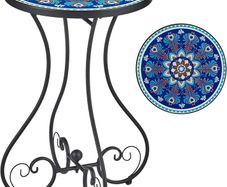 NEW SALE | Round Side Table, Indoor and Outdoor Plant Stand, Small Coffee Table with 36cm Ceramic Tile Top for Patio Balcony, 53cm Tall Mosaic Garden Table, Living Room End Table or Bedside Table, Blue