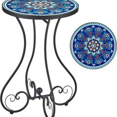 NEW SALE | Round Side Table, Indoor and Outdoor Plant Stand, Small Coffee Table with 36cm Ceramic Tile Top for Patio Balcony, 53cm Tall Mosaic Garden Table, Living Room End Table or Bedside Table, Blue