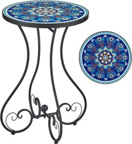 NEW SALE | Round Side Table, Indoor and Outdoor Plant Stand, Small Coffee Table with 36cm Ceramic Tile Top for Patio Balcony, 53cm Tall Mosaic Garden Table, Living Room End Table or Bedside Table, Blue