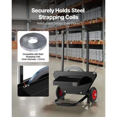 Banding Strapping Cart, Fit for Steel Strapping Coils with 600 mm Core Outer Size, Heavy Duty Strapping Dispenser with Rubber Wheels