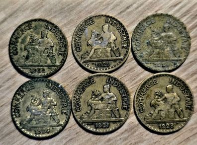 6 No. French 50 Centime Coins. Dates Sequence.