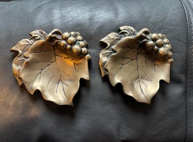 A pair of vintage solid brass grape leaf trinket dishes/ ashtrays