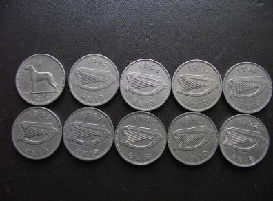 10 Irish 6 pence coins (1940-1968)