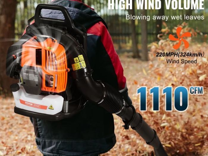 Backpack Leaf Blower, 63CC 2-Cycle Gas Leaf Blower with 1.89L Fuel Tank, 1110CFM Air Volume 220MPH Speed, Ideal for Lawn Care, Leaf Cleaning, and Snow Removal