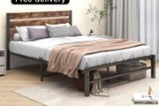 Double Bed Frame with Rustic Wood Headboard
