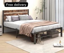 Double Bed Frame with Rustic Wood Headboard