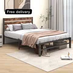 Double Bed Frame with Rustic Wood Headboard