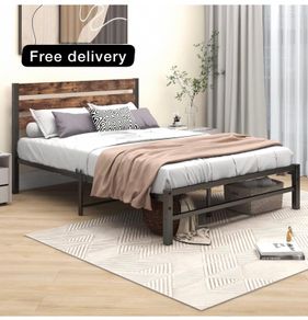 Double Bed Frame with Rustic Wood Headboard