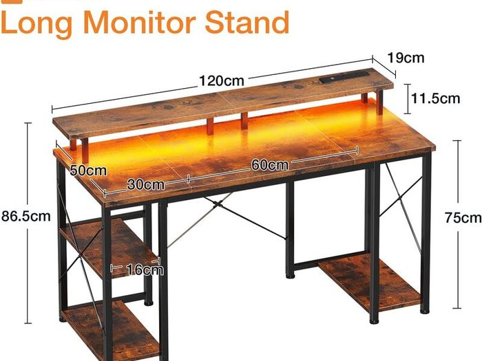 Gaming Desk with LED Lights 120x50 cm Computer Power Outlets PC Table Monitor Stand Storage Shelves CPU Vintage Brown