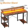 Gaming Desk with LED Lights 120x50 cm Computer Power Outlets PC Table Monitor Stand Storage Shelves CPU Vintage Brown Image 3