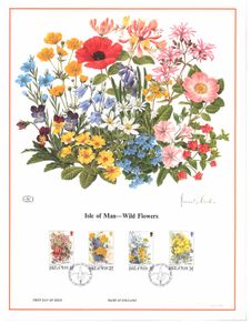 1987 Isle of Man Limited Edition Lithographed Print measuring 333mm X 257mm showing Wild Flowers Commemorative Stamps with First Day of Issue Cancel