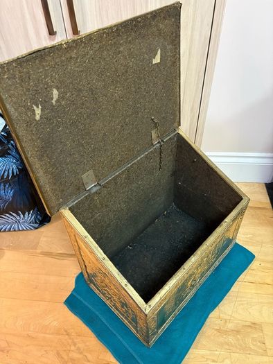 Vintage antique embossed brass fireside log box, coal box