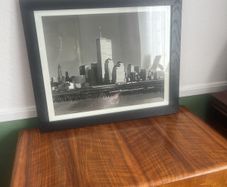 Black and white print of New York twin towers