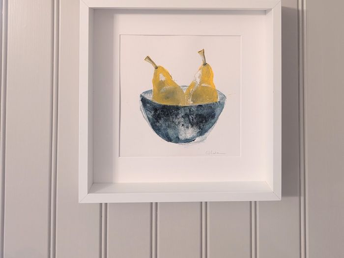 Pear still life painting in white box frame