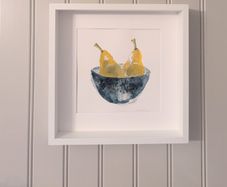 Pear still life painting in white box frame